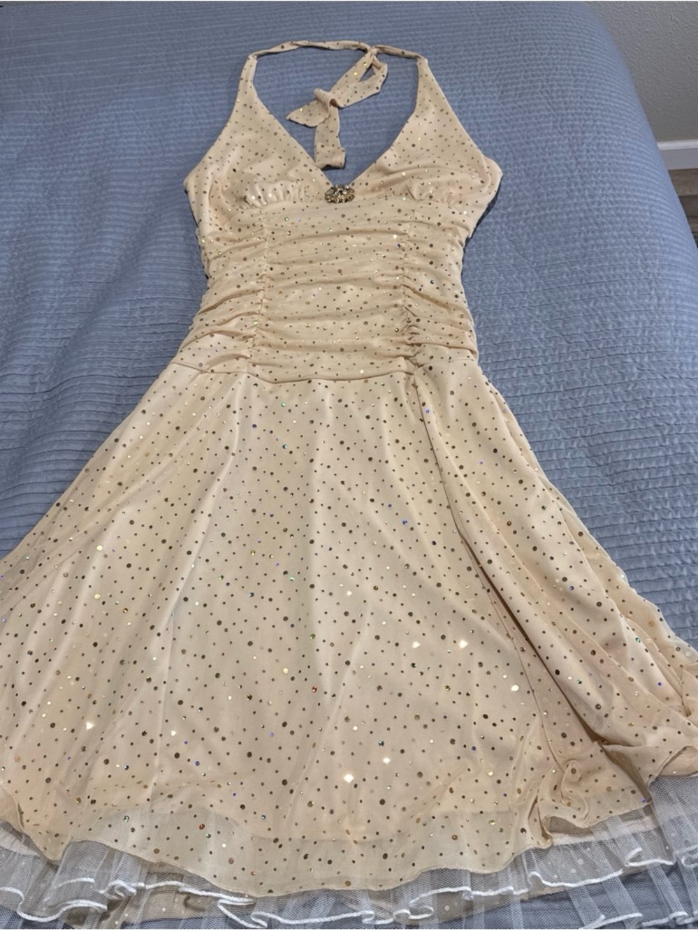 Ruby Rox Cream Halter Dress with Gold Sparkle Dots. Vintage,y2k